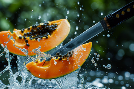 papaya slices with knife and water drops and splashes on natural background, berrypunk, still lifeの素材