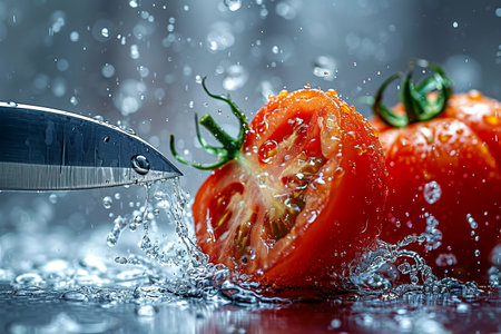 tomato slices with knife and water drops and splashes on natural background, berrypunk, still lifeの素材