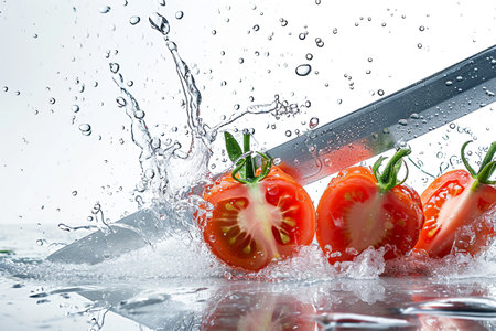 tomato slices with knife and water drops and splashes on white background, berrypunk, still lifeの素材