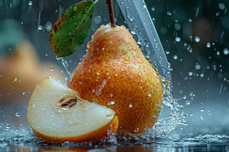 pear slices with knife and water drops and splashes on natural background, berrypunk, still lifeの素材