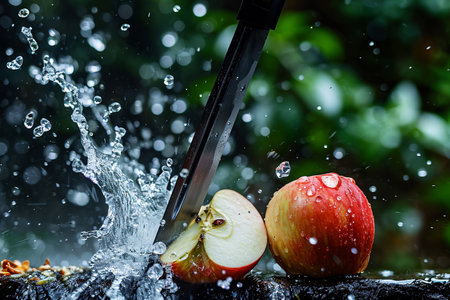 apple slices with knife and water drops and splashes on natural background, berrypunk, still lifeの素材