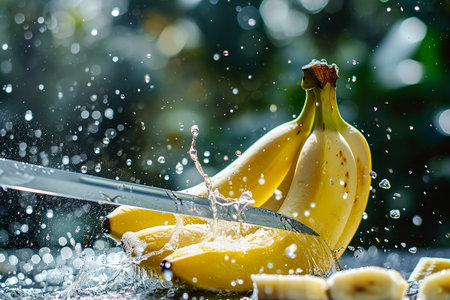 banana slices with knife and water drops and splashes on natural background, berrypunk, still lifeの素材