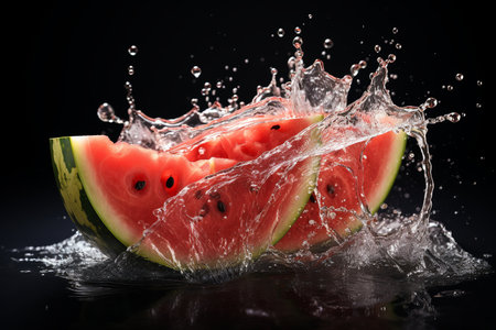 watermelon slices with knife and water drops and splashes on black background, berrypunk, still lifeの素材