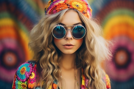 young caucasian hippie woman with colorful painted makeup, eclectic, earthcore style, mystic symbolism, forestpunk, blurred rainbow patternsの素材