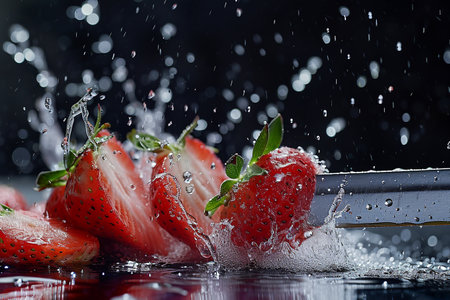 strawberry slices with knife and water drops and splashes on black background, berrypunk, still lifeの素材