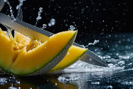cantaloupe melon slices with knife and water drops and splashes on dark blue background, berrypunk, still lifeの素材