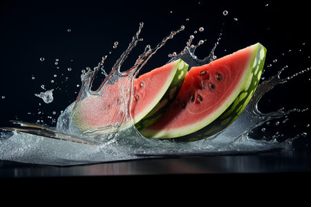 watermelon slices with knife and water drops and splashes on black background, berrypunk, still lifeの素材