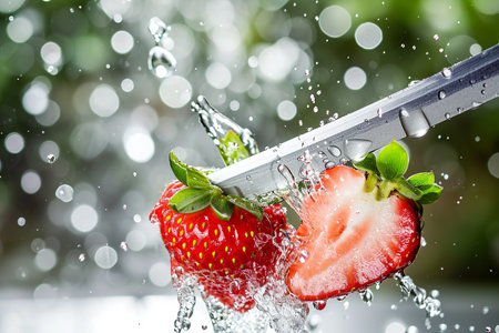 strawberry slices with knife and water drops and splashes on natural background, berrypunk, still lifeの素材