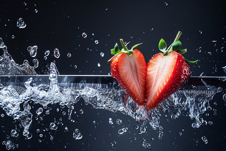 strawberry slices with knife and water drops and splashes on black background, berrypunk, still lifeの素材