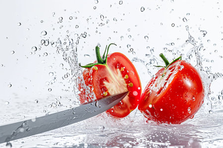tomato slices with knife and water drops and splashes on white background, berrypunk, still lifeの素材