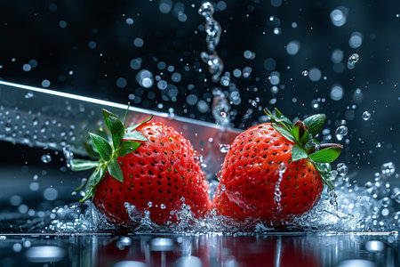 strawberry slices with knife and water drops and splashes on natural background, berrypunk, still lifeの素材