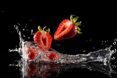 strawberry slices with knife and water drops and splashes on black background, berrypunk, still lifeの素材