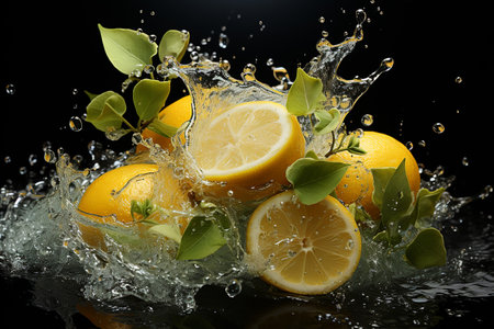 lemon slices with knife and water drops and splashes on dark background, berrypunk, still lifeの素材