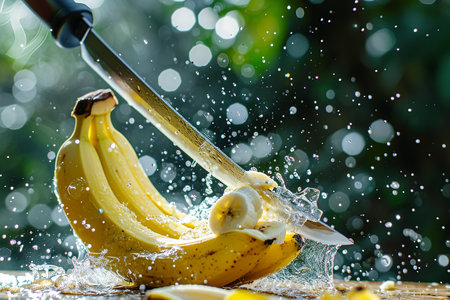 banana slices with knife and water drops and splashes on natural background, berrypunk, still lifeの素材