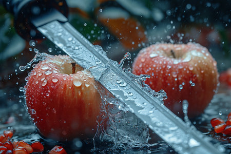 apple slices with knife and water drops and splashes on natural background, berrypunk, still lifeの素材