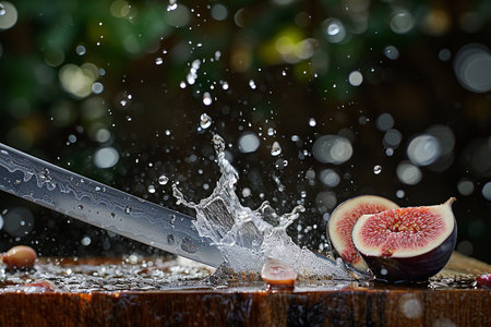 fig slices with knife and water drops and splashes on natural background, berrypunk, still lifeの素材