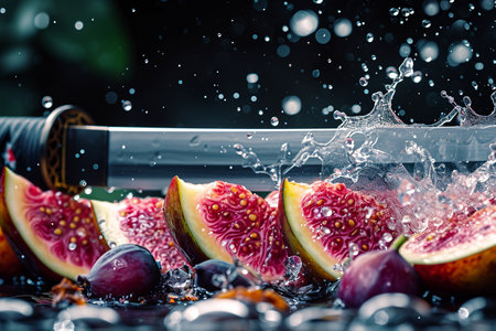 fig slices with knife and water drops and splashes on natural background, berrypunk, still lifeの素材