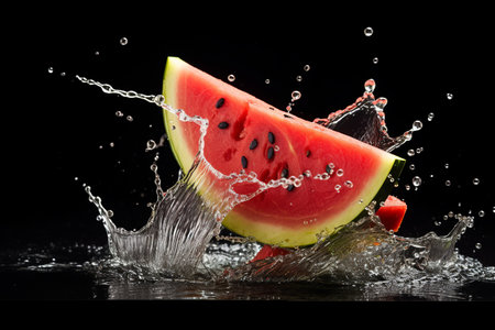 watermelon slices with knife and water drops and splashes on black background, berrypunk, still lifeの素材