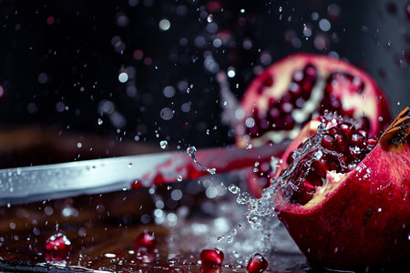pomegranate slices with knife and water drops and splashes on natural background, berrypunk, still lifeの素材