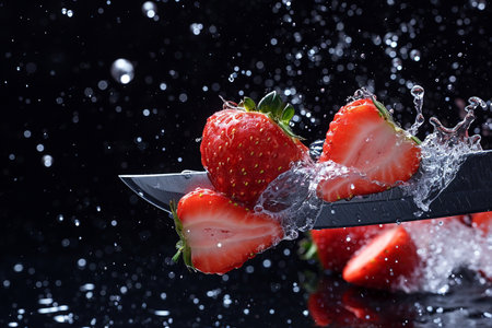 strawberry slices with knife and water drops and splashes on black background, berrypunk, still lifeの素材