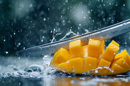 mango slices with knife and water drops and splashes on blue background, berrypunk, still lifeの素材