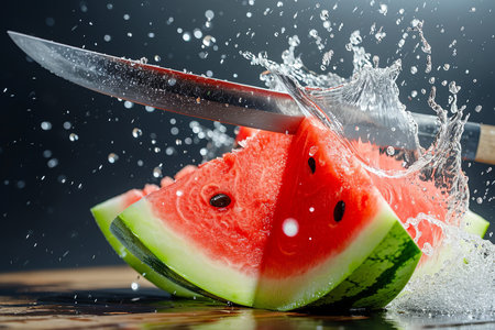 watermelon slices with knife and water drops and splashes on dark blue background, berrypunk, still lifeの素材