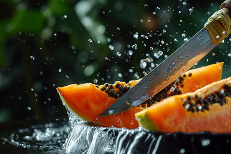 papaya slices with knife and water drops and splashes on natural background, berrypunk, still lifeの素材