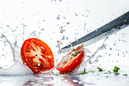 tomato slices with knife and water drops and splashes on white background, berrypunk, still lifeの素材