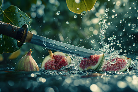 fig slices with knife and water drops and splashes on natural background, berrypunk, still lifeの素材