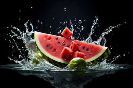 watermelon slices with knife and water drops and splashes on black background, berrypunk, still lifeの素材