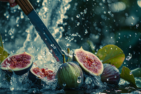 fig slices with knife and water drops and splashes on natural background, berrypunk, still lifeの素材