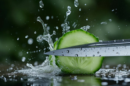 cucumber slices with knife and water drops and splashes on natural background, berrypunk, still lifeの素材