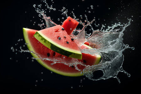 watermelon slices with knife and water drops and splashes on black background, berrypunk, still lifeの素材