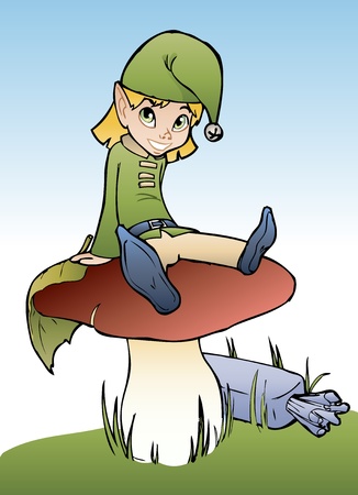Funny little elf sitting on mushroom, cartoon styleのイラスト素材