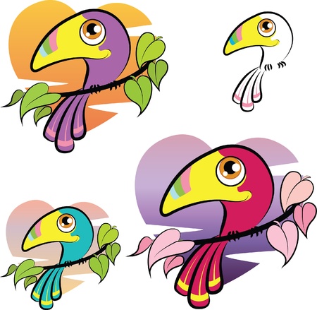 Cute colorful cartoon toucan over a heart shaped background, color variationsのイラスト素材