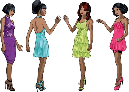 Four beautiful Negroid and mixed race ladies with stylish hairdo and beautiful smile in colorful cocktail dresses in realistic cartoon styleのイラスト素材