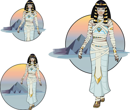 Beautiful Egyptian Queen female Mummy walking on desert sunset background with the Pyramids のイラスト素材