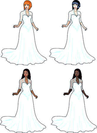 Beautiful caucasian asian latin and african woman in traditional white wedding dress isolated cartoon illustrationsのイラスト素材