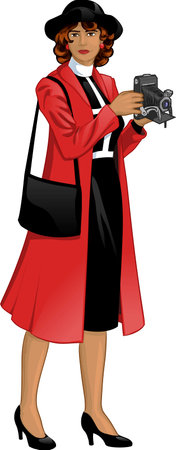 Retro character attractive afroamerican woman photographer drawing  with colored line-artのイラスト素材