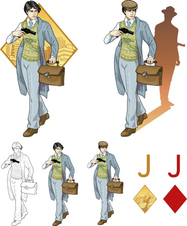 Jack of diamonds asian boy with a gun retro styled comics card character set of illustrations with black lineartのイラスト素材