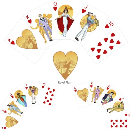 Royal Flush Hearts poker winning combination three color variations of characters Mafia card setのイラスト素材