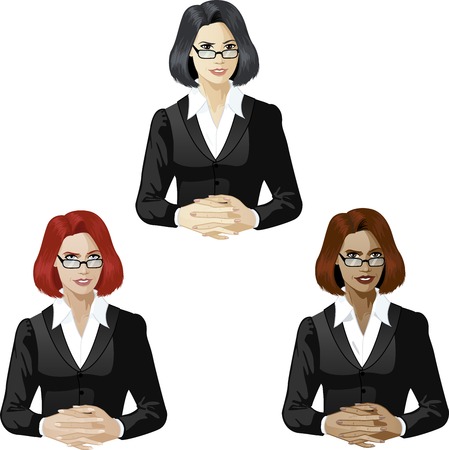 Woman in black suit ready to answer support expert caucasian asian and mixed race women of colorのイラスト素材
