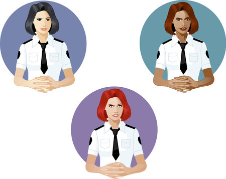 Woman in police uniform ready to answer support expert caucasian asian and mixed race women of colorのイラスト素材