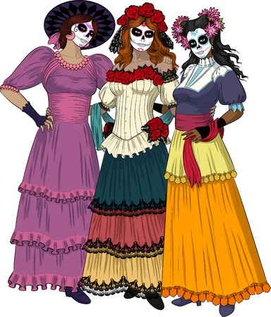 Three beautiful women friends stand hugging and posing as classical Graces dressed for Mexican Day of the Dead Masquerade with sugar scull makeupのイラスト素材