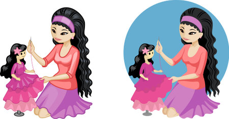 Cute young Asian woman hobbyist sewing gown for doll princess vector illustration in cartoon and flat design styleのイラスト素材
