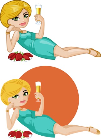 Cute young Caucasian woman in cocktail dress with beer and salad vector illustration in cartoon and flat design styleのイラスト素材