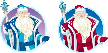 Russian Christmas and New Year Mythological Character Father Frost  in blue and red coat illustration in cartoon styleのイラスト素材