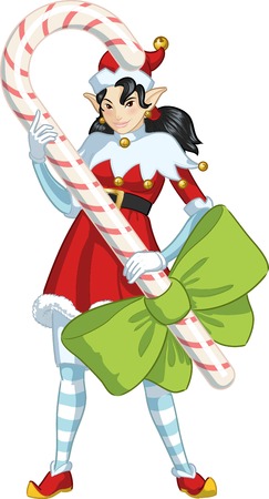 Asian female Christmas elf holds big candy stick with a bow illustration lineart and coloredのイラスト素材