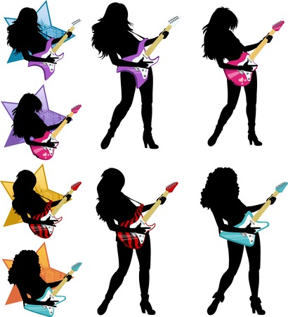 Female rock musician playing electric guitar vector illustrations set silhouettesのイラスト素材
