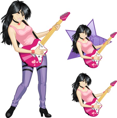 Female Asian rock musician playing electric guitar vector illustration in cartoon styleのイラスト素材